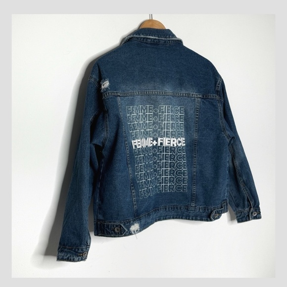 NEW Cotton On Denim Jacket Femme Fierce Graphic Worn In Statement Denim Jacket - Picture 13 of 15